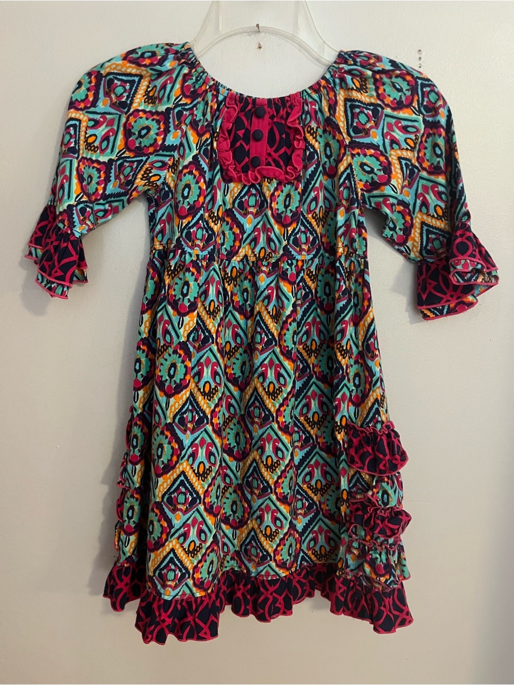 Girls' Sage & Lilly Teal & Fuchsia Geometric Ruffle Casual Dress